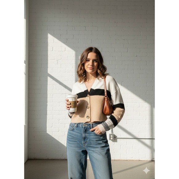 Sweaters - Colorblock‎ Cropped Cardigan White Black Peach Pointelle Knit Open soft girl